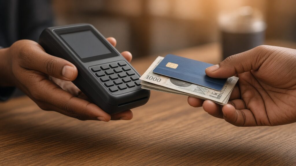 Handheld terminal and naira notes on a table for a POS business in Nigeria